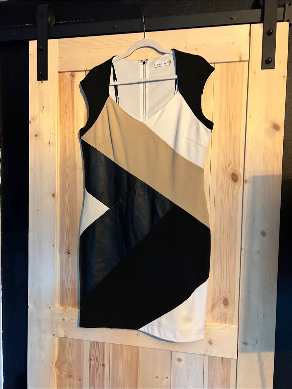 Calvin Klein Black, White/Tan/Faux Leather Colorblock Dress